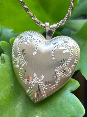 sterling silver large engraved floral scrollwork heart locket pendant necklace
